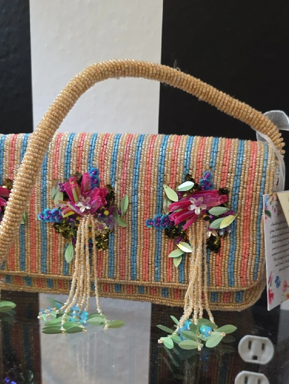 Beaded Multicolor Floral Tassel Crossbody Clutch